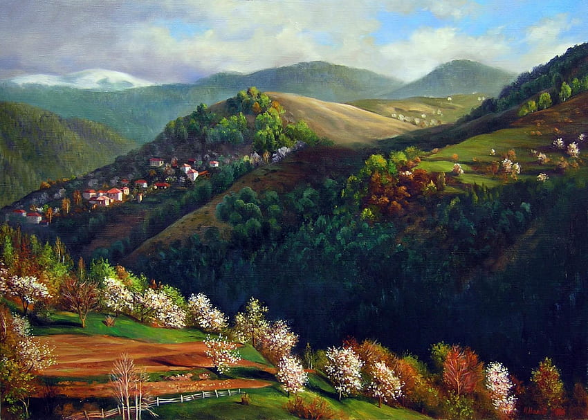 Wiosna w górach Rodopi, bułgaria, jesień, malarstwo, góra Tapeta HD