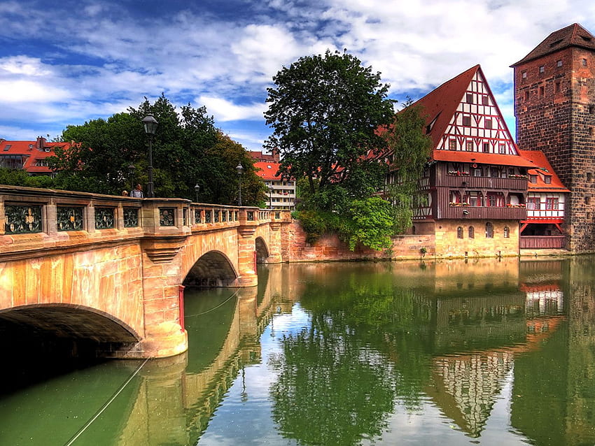 Nuremberg Jerman Jembatan Sungai Pohon Kota Rumah Wallpaper HD