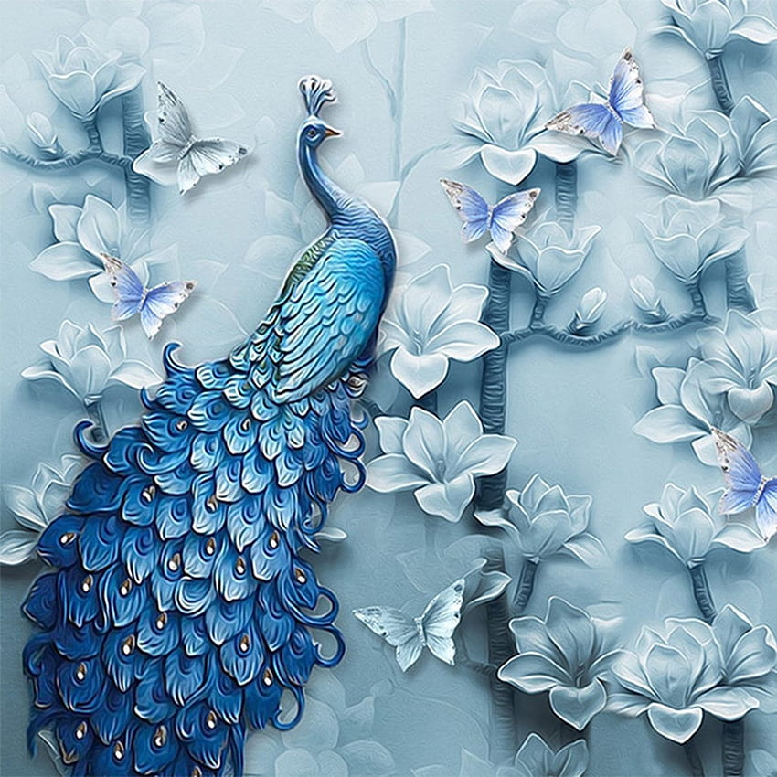 Chiński styl 3D wytłoczony niebieski paw olejny Mural, klasyczny niebieski Tapeta na telefon HD