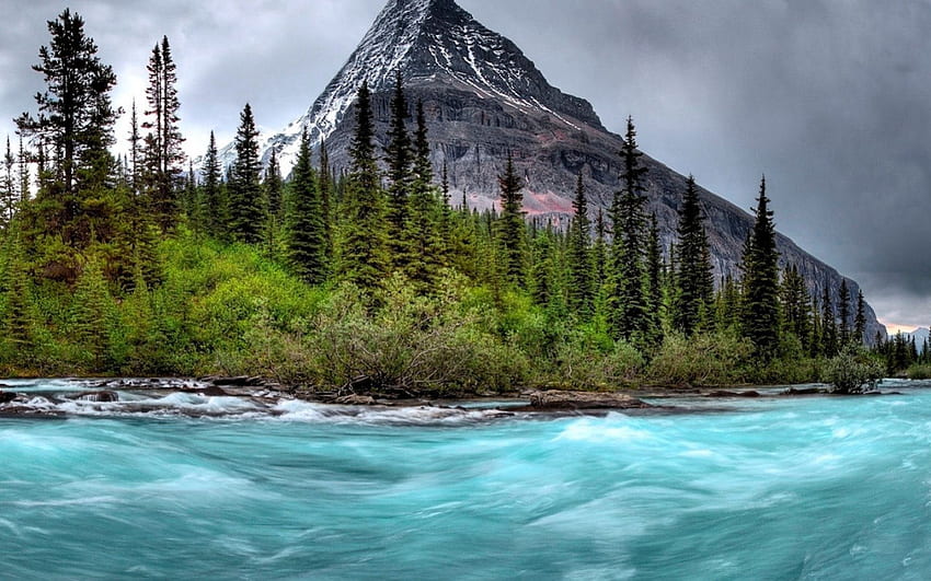 Monte Robson, Canadá, azul, luz del día, día, árboles, Canadá, agua, que fluye, arbustos, suelo, lago, montaña, roca, verde, nubes, naturaleza, cielo, bosque fondo de pantalla