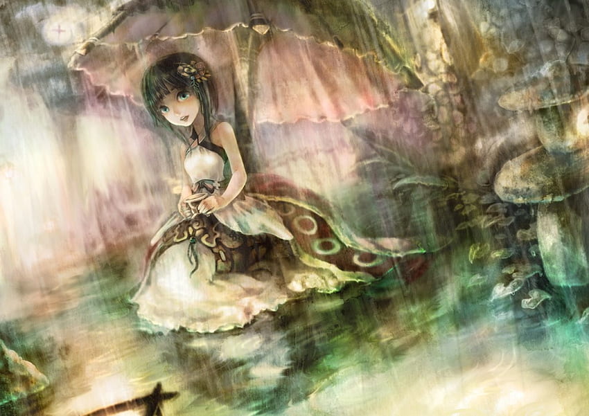 Rainy day, umbrella, rain, art, drops, girl, pink, anime, green, water, manga HD wallpaper