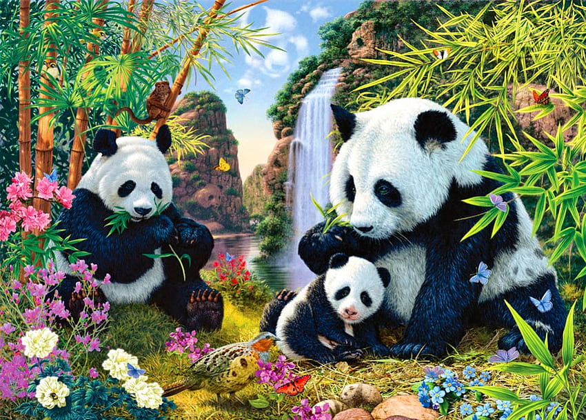 Prasmanan bambu, warna-warni, tanaman, imut, bambu, lukisan, beruang, hewan, pohon, tanaman hijau, manis, seni, eksotik, firdaus, indah, kejatuhan, keluarga, air terjun, alam, bunga-bunga, menyenangkan, prasmanan, panda Wallpaper HD
