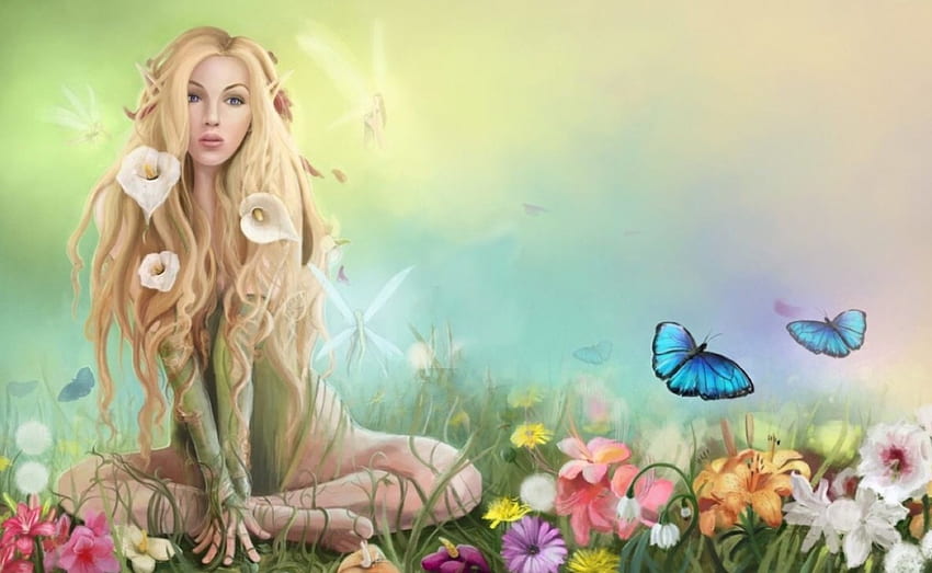 Spring Fairy, suavidade, colorido, fada, digital, borboletas, bonito, cores pastel, flores, Primavera papel de parede HD