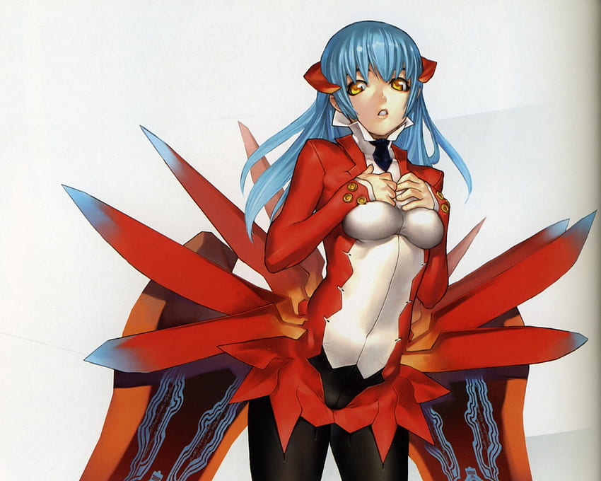 Hakua Ugetsu, anime, cheveux bleus, yeux dorés, robe rouge Fond d'écran HD