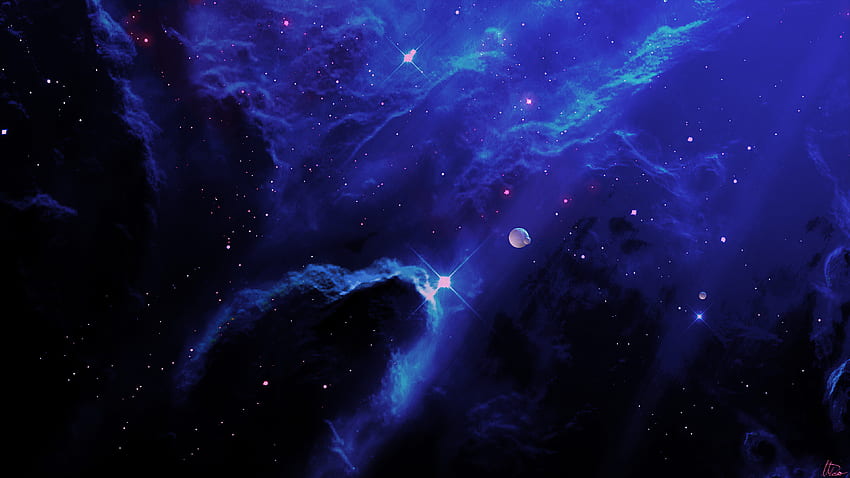Blue-dark clouds, cosmos, dark realm, fantasy, planets HD wallpaper