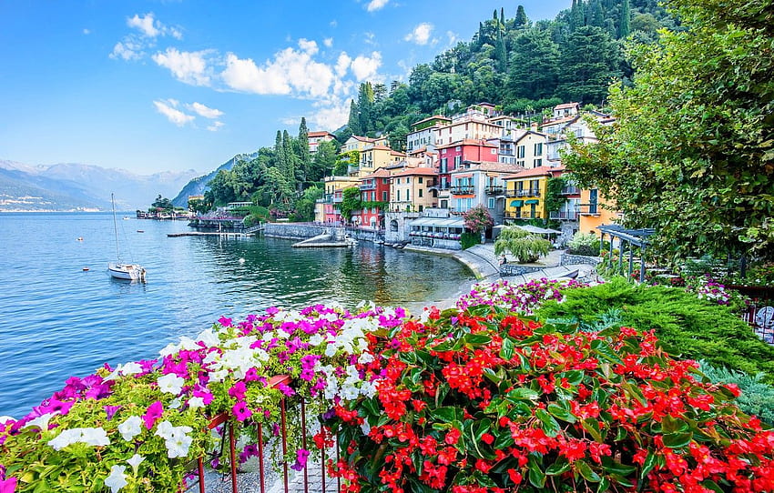 fiori, lago, edificio, casa, yacht, Italia, Lago di Como Italia Sfondo HD