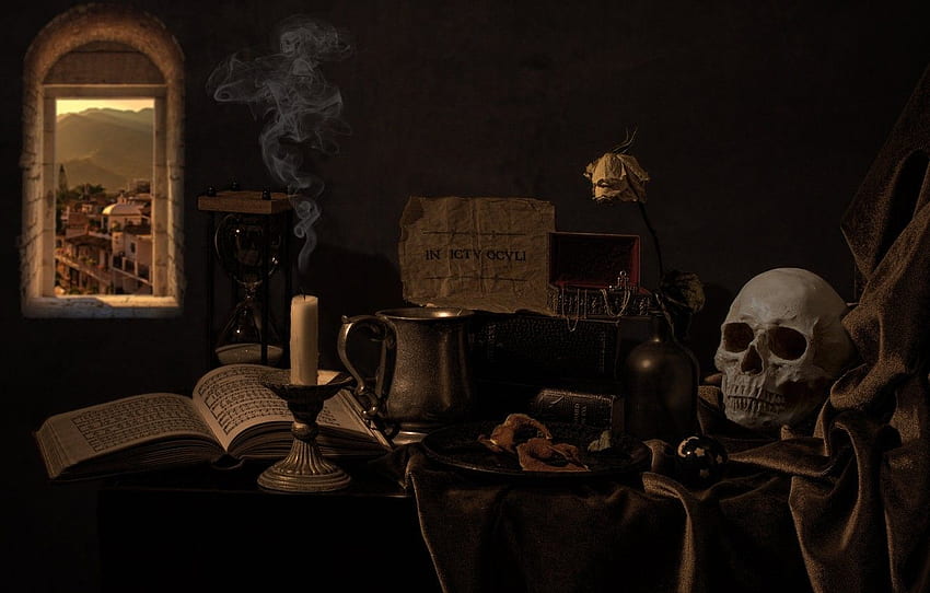 style, notes, the dark background, table, smoke, rose, skull, candle, window, dishes, fabric, box, still life, notebook, items, hourglass for , section стиль HD wallpaper