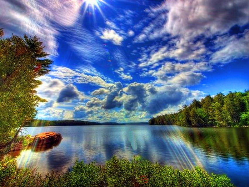 Artist sky, blue, clouds, trees, sky, water, reflections HD wallpaper