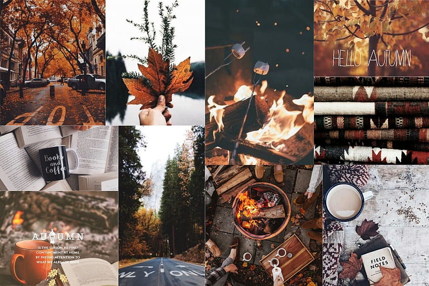 Computer portatile del collage di autunno, collage estetico di inverno Sfondo HD