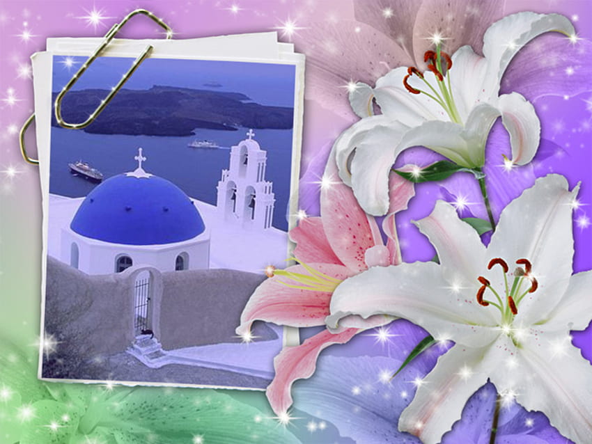 From Greece With Love, blue, beautiful, flowers, , church HD wallpaper