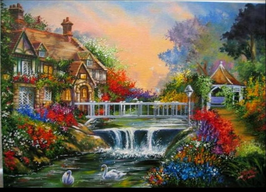 A Garden Dream, swans, painting, art, gazebo, garden, waterfall, bridge ...