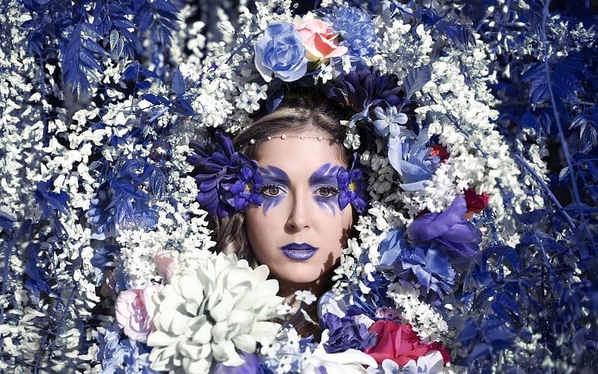 Pretty Girl, background, blue makeup, flowers, beauty HD wallpaper