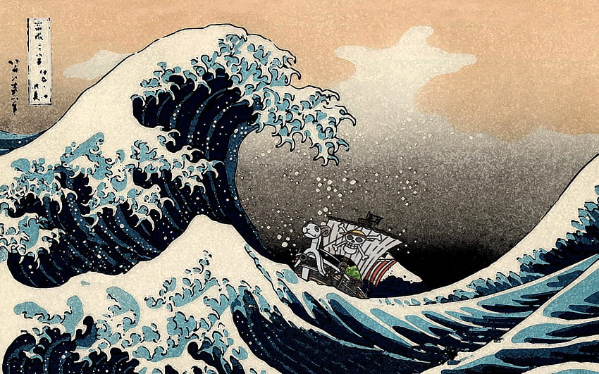 One Piece, Monkey D. Luffy, Hokusai, Waves, The Great Wave Off Kanagawa / и мобилни фонове HD тапет