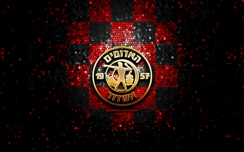 Agudat Sport Asod FC, logo scintillant, Ligue Leumit, fond rouge à carreaux noirs, football, club de football israélien, logo Agudat Sport Asod, art de la mosaïque, football, Agudat Sport Asod Fond d'écran HD