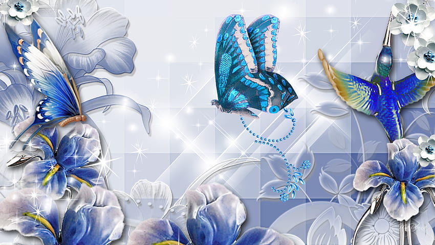 Blues on Blue and Stars, blue, summer, iris, butterfly, hummingbird, flowers, stars HD wallpaper