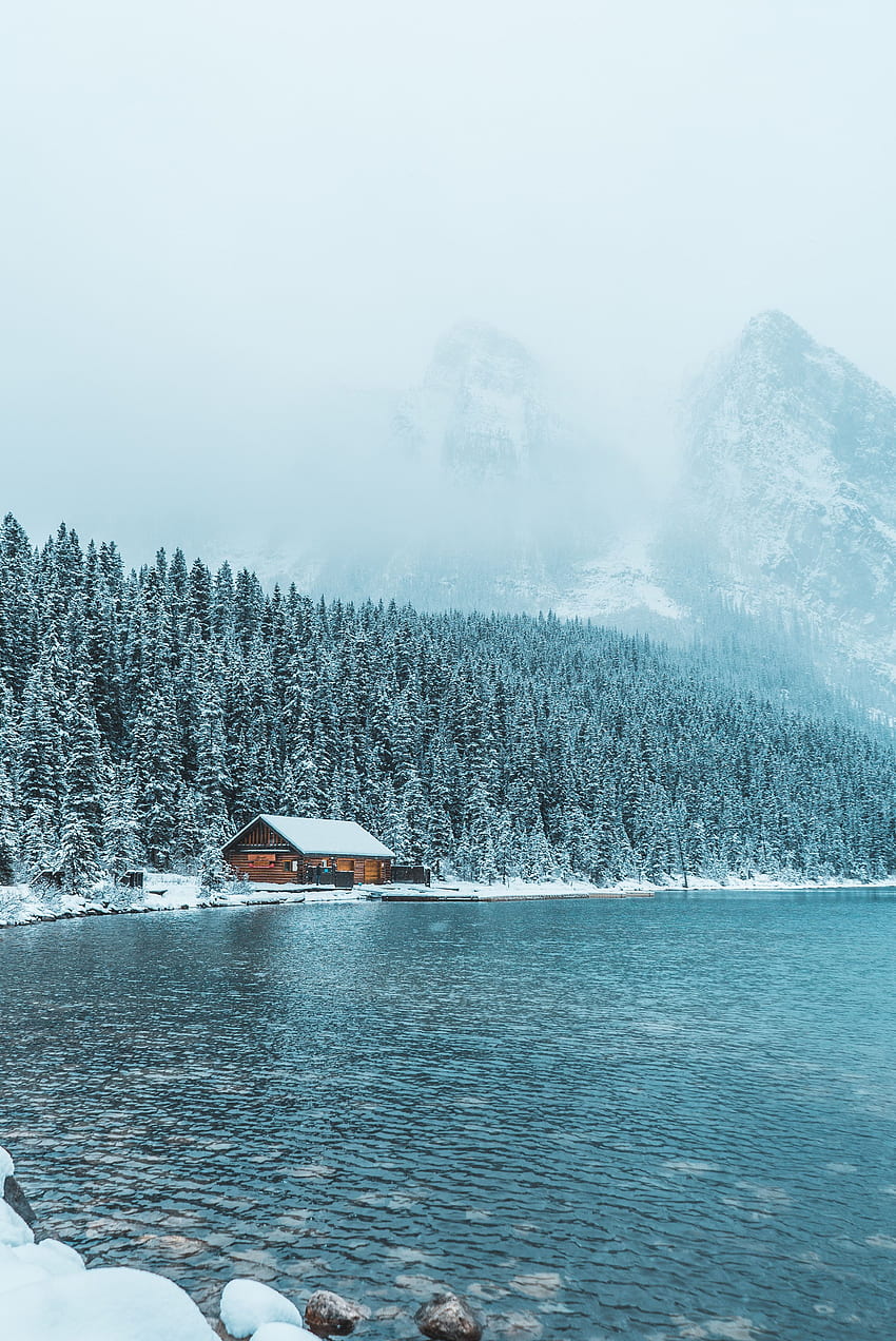 Зима, Природа, Планини, Езеро, Къща HD тапет за телефон
