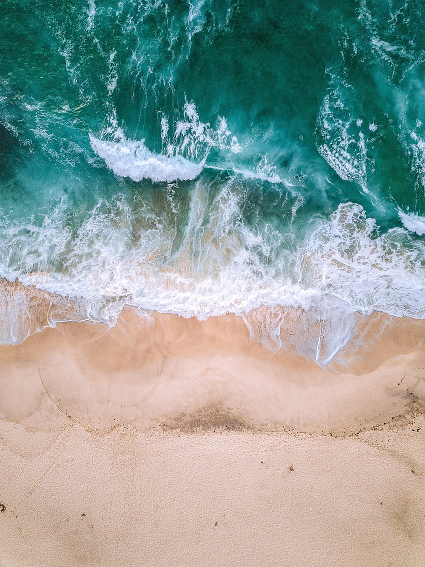 Природа, вълни, пясък, изглед отгоре, океан, пяна, прибой HD тапет за телефон