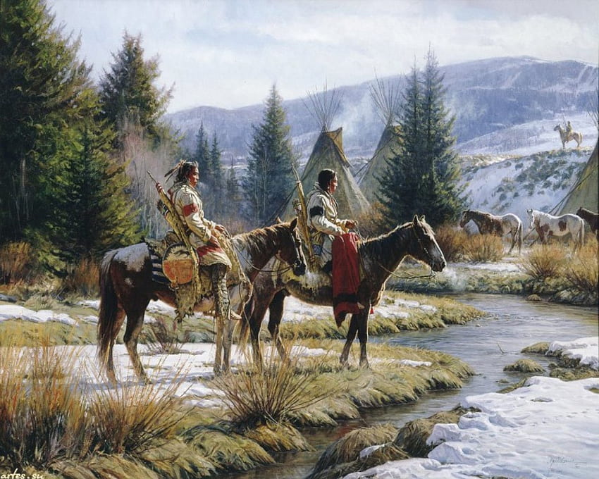 L'hiver au pays indien, l'hiver, les chevaux, la peinture, le rover, l'indigène américain Fond d'écran HD