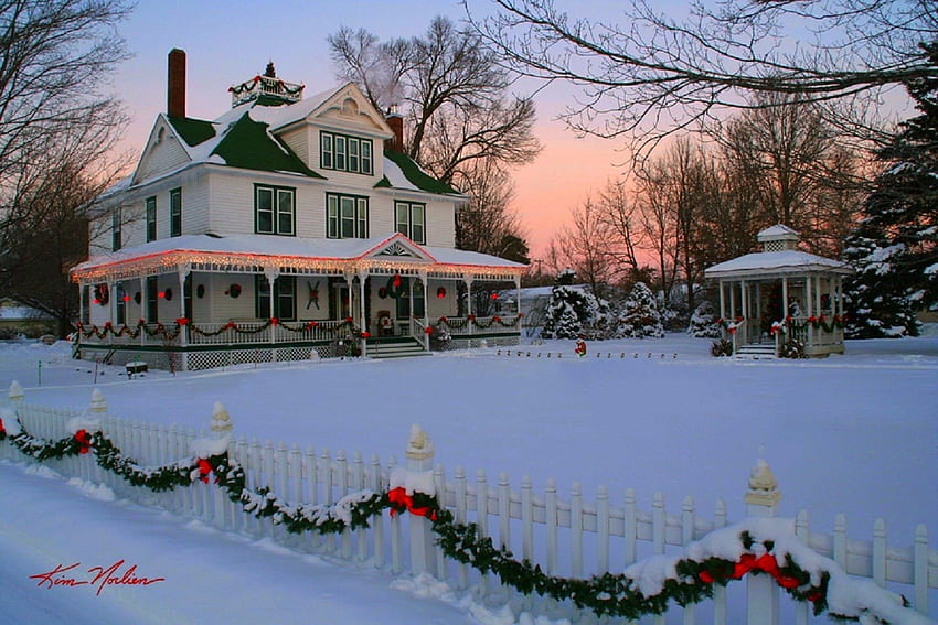 สุขสันต์วันคริสต์มาส ฤดูหนาว พระคาร์ดินัลรักสี่ฤดู วันหยุด พระอาทิตย์ตก สถานที่ท่องเที่ยวในฝัน ศาลา บ้าน คริสต์มาส หิมะ คริสต์มาสและปีใหม่ บ้าน วอลล์เปเปอร์ HD