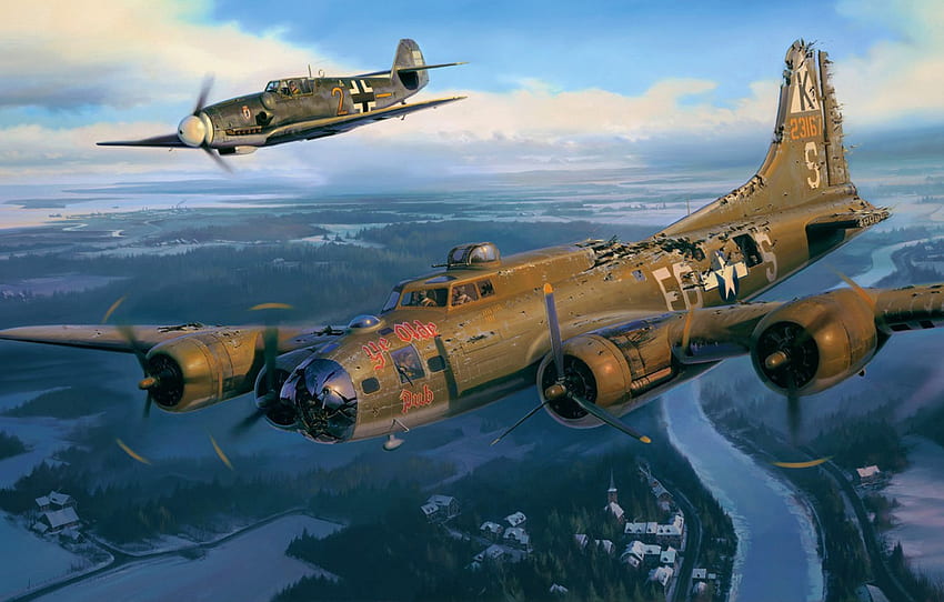 Krieg, Kunst, Flugzeug, Malerei, Luftfahrt, B 17, Ww2, BF 109 For , Section авиация , B-17 HD-Hintergrundbild