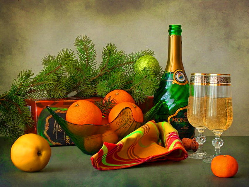 Sampanye tahun baru, sampanye, buah-buahan, botol, liburan, jeruk, natal, cabang, tahun baru, anggur Wallpaper HD