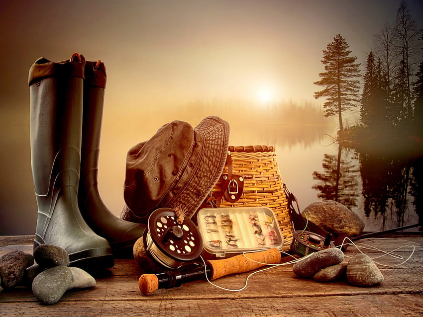 PROPRIEDADES DO PESCADOR, cesta, vara de pescar, botas, chapéu, lago, pedras papel de parede HD