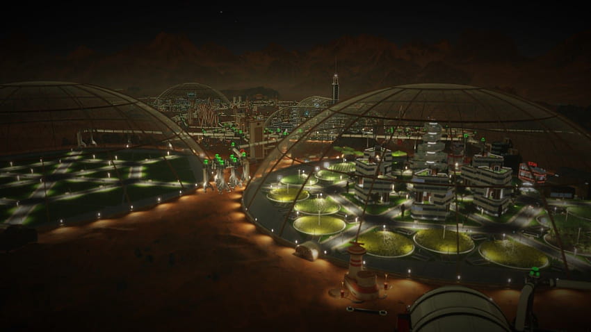 Ludzka kolonia pod kopułą na Marsie z gry Surviving Mars. Koncepcja kolonii kosmicznej, miasto krajowe, sztuka 40 tys., kolonizacja kosmosu Tapeta HD