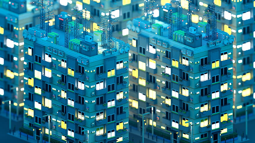 Blue buildings, modern city, digital art HD wallpaper