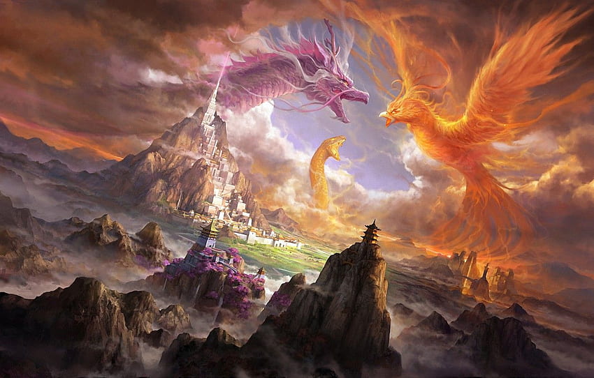 mountains, the city, castle, rocks, fire, dragon, snake, art, creatures, snakes, battle, Phoenix for , section фантастика - , Fire Snake HD wallpaper