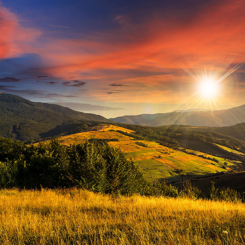 Природа, планини, лято, слънчева светлина, долина HD тапет за телефон
