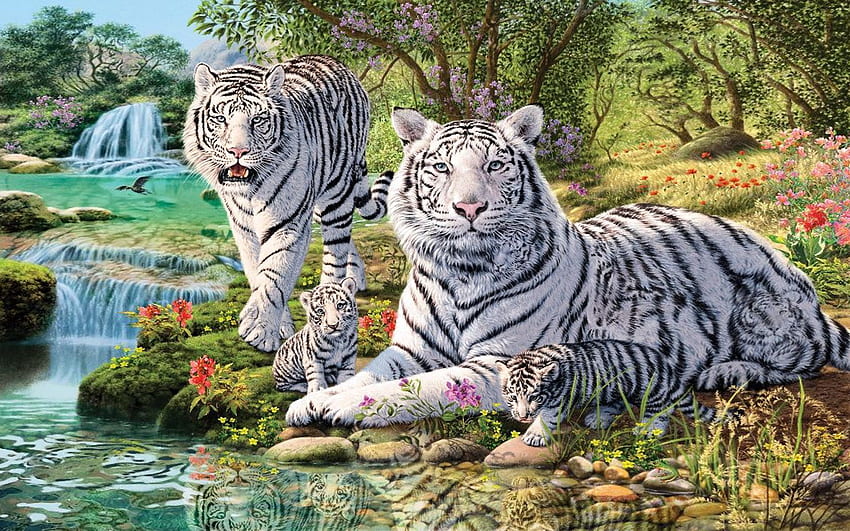Animals White Tiger And Two Cubs Jungle Waterfall Art For Mobile Phones HD wallpaper