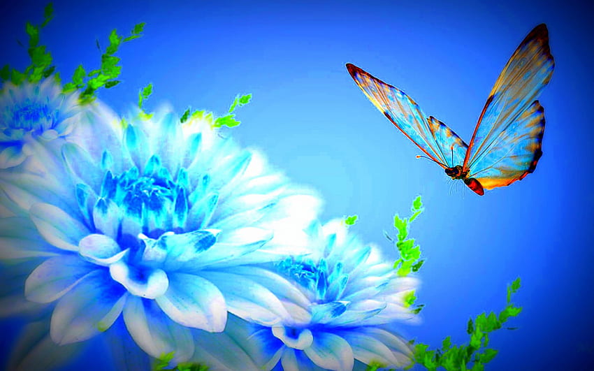 ✰Flapping Wings on Blue Flowers✰, blue, wings, colors, beautiful, spring, creative pre-made, love four seasons, butterfly, pretty, petals, bright, butterfly designs, flowers, lovely HD wallpaper