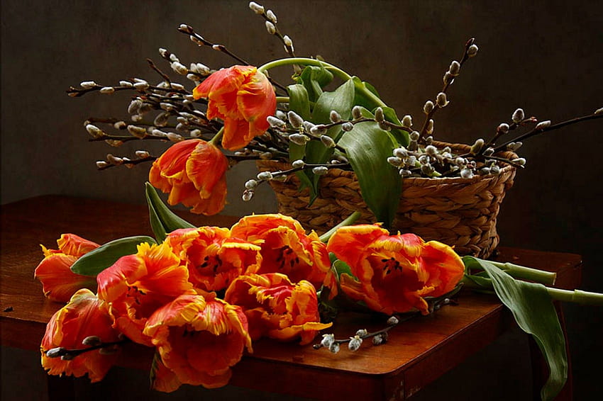 Natureza morta ✿, natureza morta, estilo, flores, tulipas, primavera, laranja, harmonia papel de parede HD
