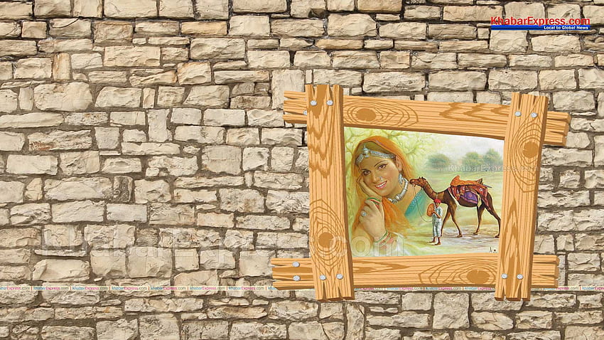 Pintura de paisaje de la aldea de Rajasthani en el marco de la pared de madera fondo de pantalla