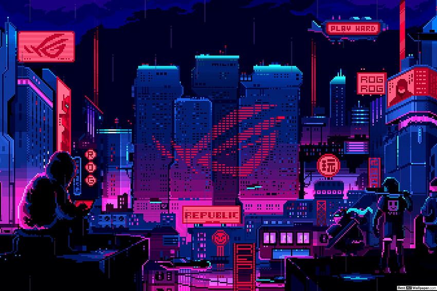 Asus ROG (Republic Of Gamers): ciudad de píxeles de 8 bits, píxeles ciberpunk fondo de pantalla