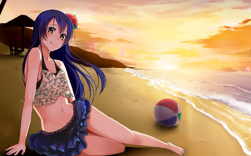 Blue Hair Anime Girl, Beach, Ball, Sunset, , , Background, Qgqshv HD wallpaper
