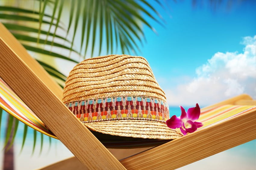 Лятна ваканция, палми, стол, лято, тропически, шапка, ваканция, плаж HD тапет