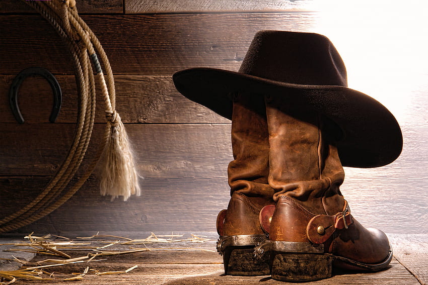 Botas de cowboy e fundo de chapéu, botas country papel de parede HD