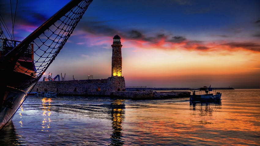 Nature, Night, Shine, Light, Boat, Lighthouse, Net HD wallpaper