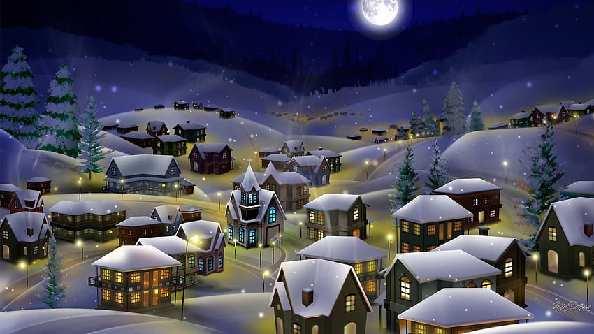 Village of Lights, night, full moon, winter, city, houses, Firefox Persona theme, holiday, cottages, Christmas, snow, lights, village, home HD wallpaper