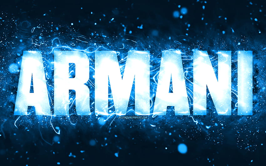 Happy Birtay Armani, blaue Neonlichter, Name Armani, kreativ, Armani Happy Birtay, Armani Birtay, beliebte amerikanische männliche Namen, mit Armani-Namen, Armani HD-Hintergrundbild