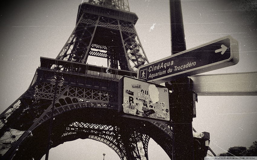 Menara Eiffel, Paris, monokrom, retro, Retro Menara Eiffel, Tengara, Prancis Wallpaper HD