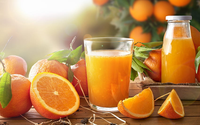 sok z pomarańczy, zdrowe napoje, pomarańcze, owoce cytrusowe, soki owocowe, szklanka soku, sok Tapeta HD