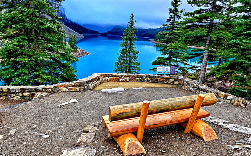 Moraine Lake, Canada, bench, Moraine Lake, Canada, peaceful, beautiful, beauty, tree, lake, clouds, trees, nature, sky, mountains, splendor, water, lovely HD wallpaper