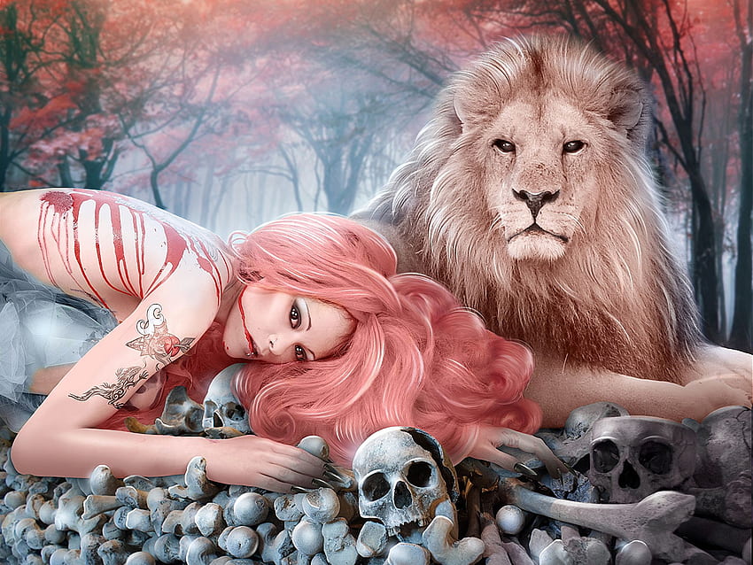 Singa Tengkorak Gadis Berambut Merah Darah Perempuan Fantasi Wallpaper HD