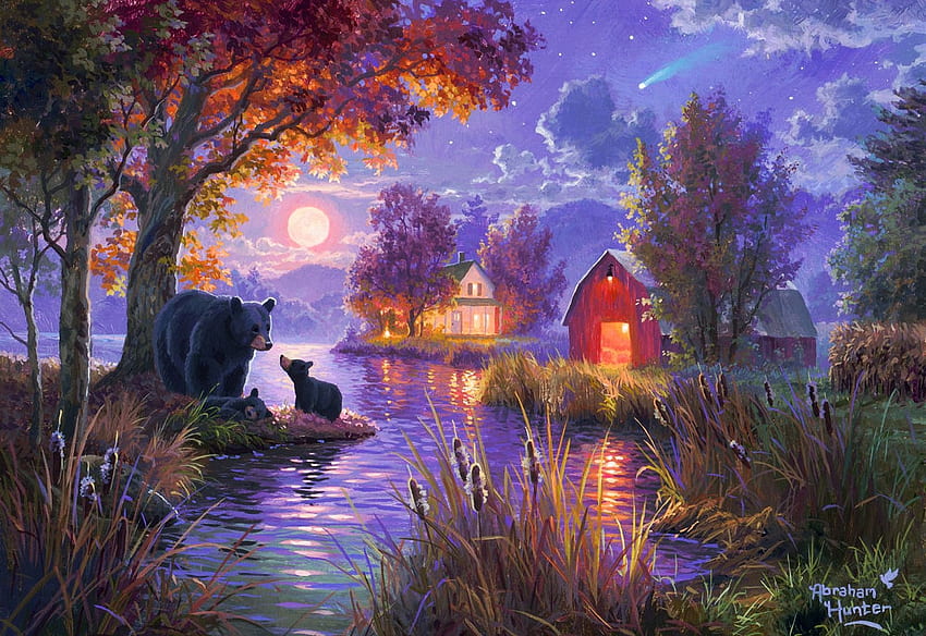 흑곰 농장, 곰, 강, 헛간, 집, 삽화, , 빛, 가을, 나무, 저녁 HD 월페이퍼