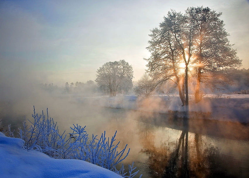 Icy mist, winter, river, snow, cold, trees, mists, sunrise HD wallpaper