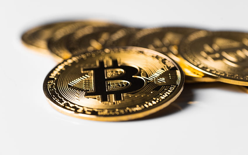 bitcoin, monete d'oro, logo bitcoin, moneta con segno bitcoin, criptovaluta, concetti finanziari, segno bitcoin Sfondo HD