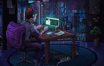 Anime, Room, Computer, Night, HD wallpaper