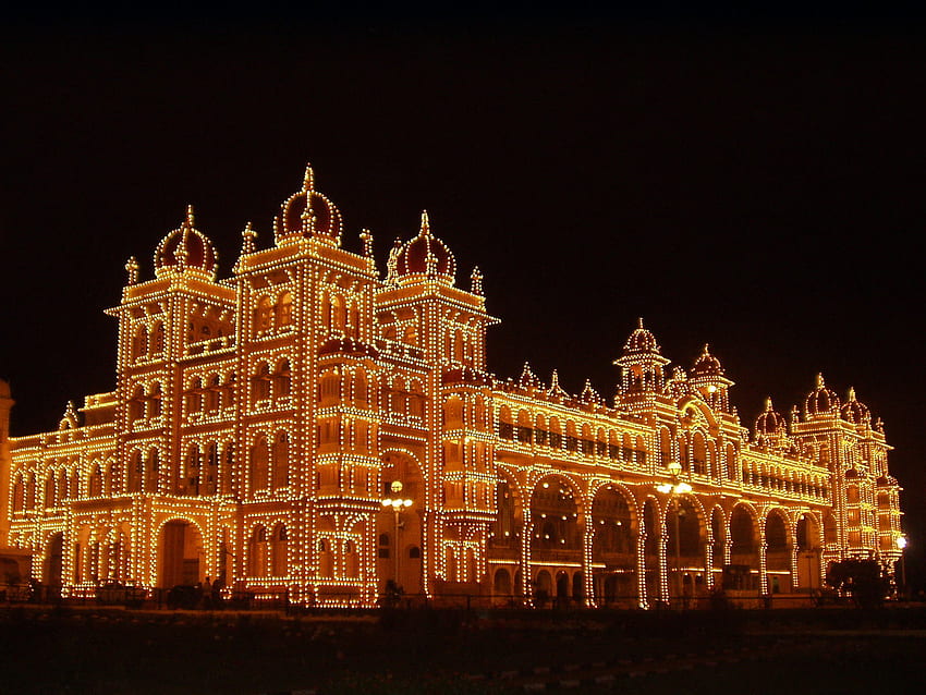 Mysore Palace at Night, at night, lights, palace, illuminations, dark HD wallpaper